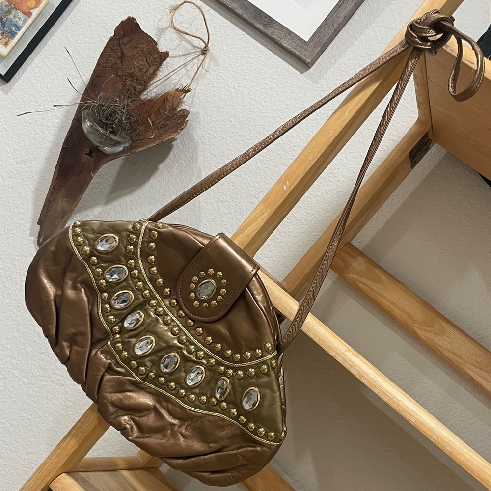 Paul Joseph Genuine Leather Vintage Jeweled and Brass Studded Women Shoulderbag